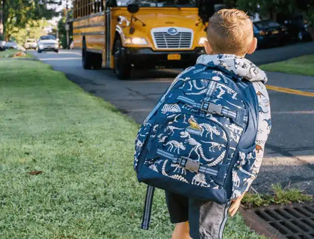 kid waiting for the school bus and carrying a school backpack 