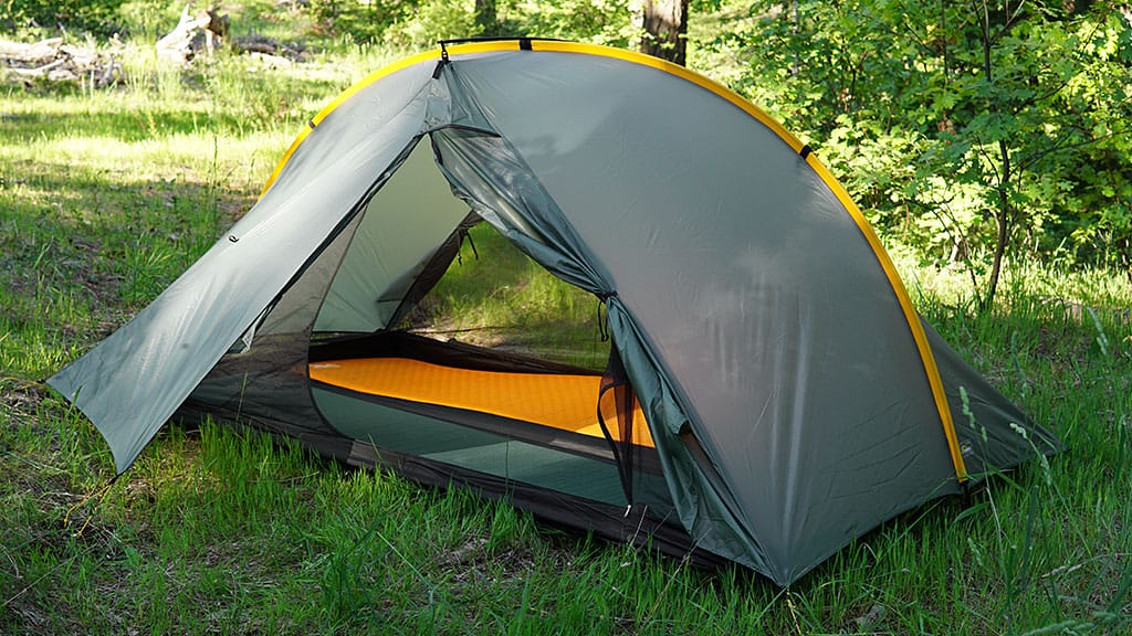 grey and yellow Tarptent Double Rainbow backpack tent 