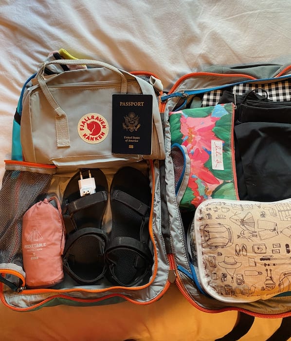 diffferent items packed in a backpack including sandals pouch documents and garments