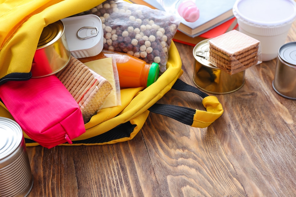 Schoolbag With Different Products On Table Concept Of Backpack Food