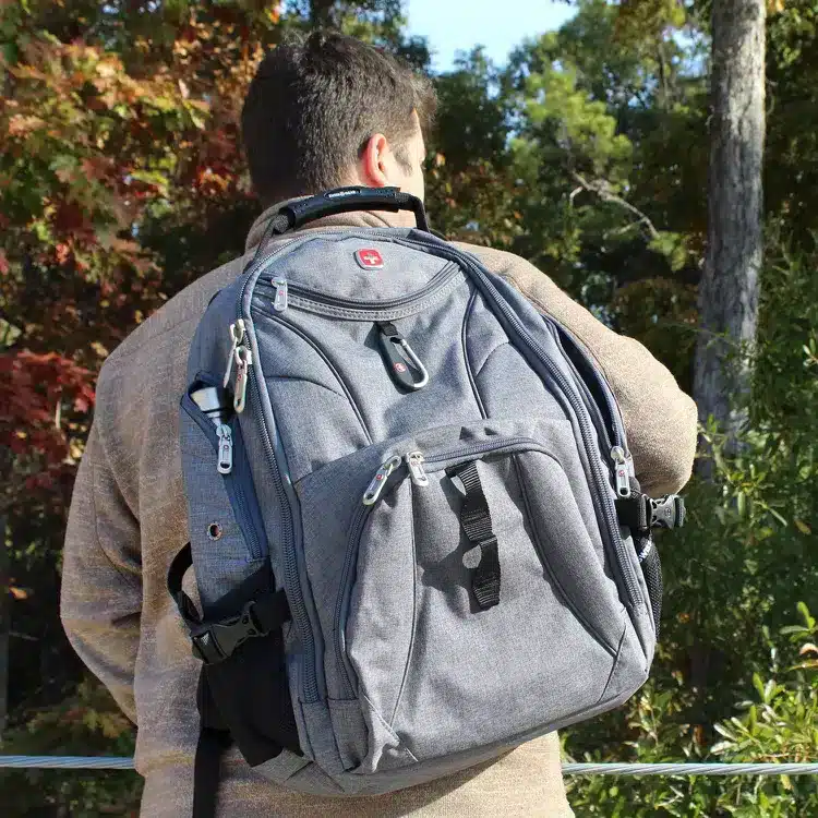 a man carrying Swiss Gear Scansmart TSA Laptop Backpack on shoulder