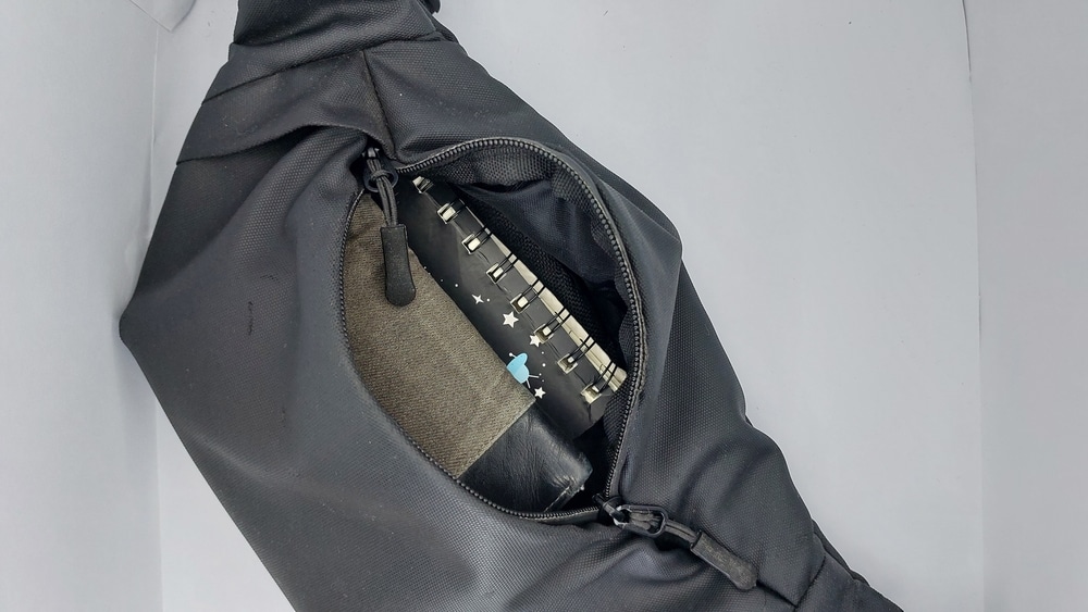 Black Sling Bag With A Plastic Hook On The Sling