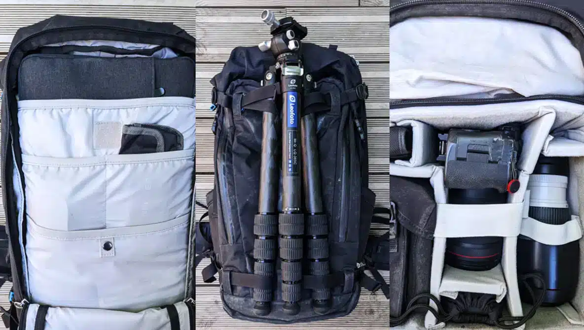 camera backpack internal and external view with stored photography gear