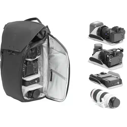 internal view of Peak Design Everyday Backpack V  showing cmaeras and accessories stored