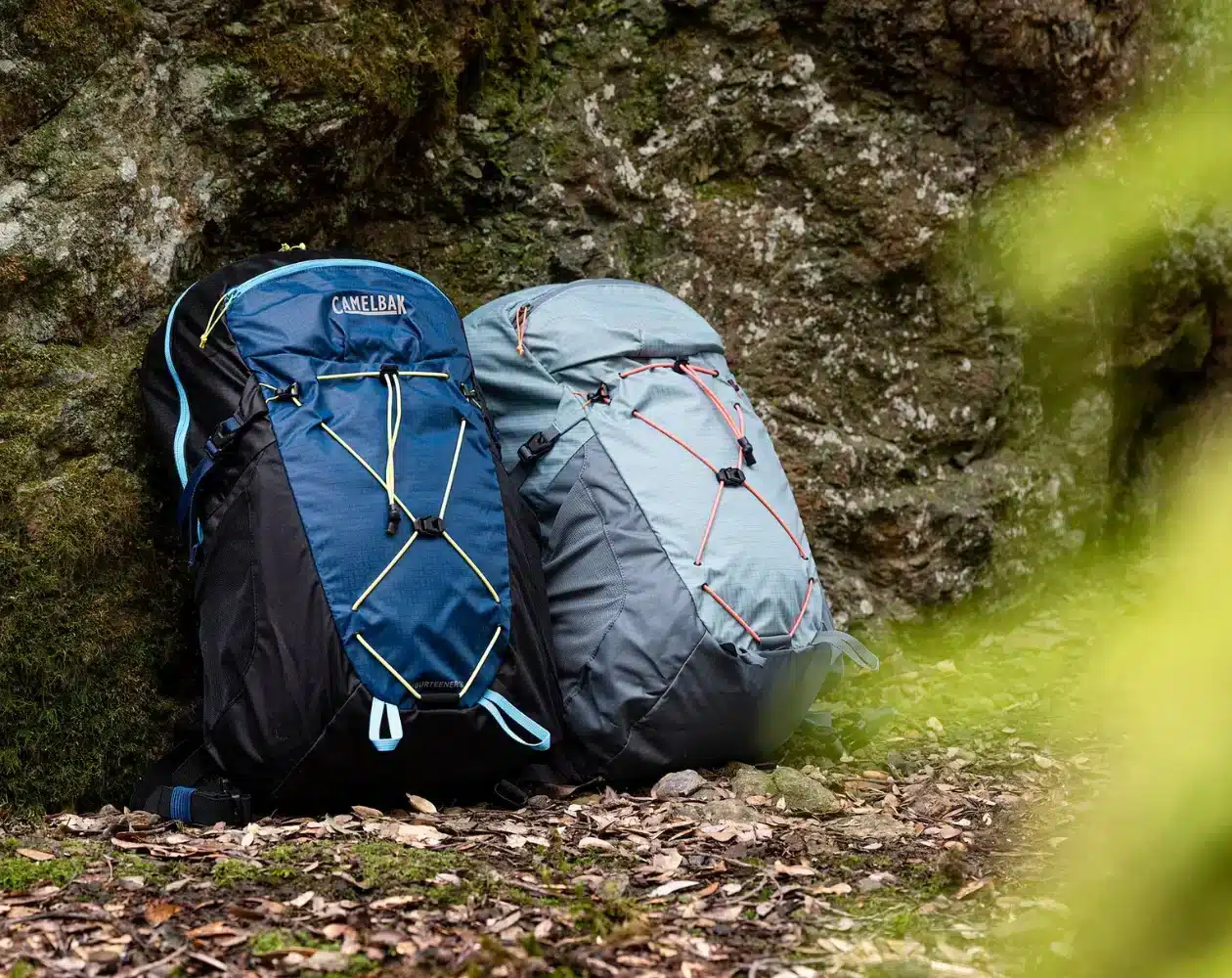 two hiking backpacks placed in front of a rock in the forest