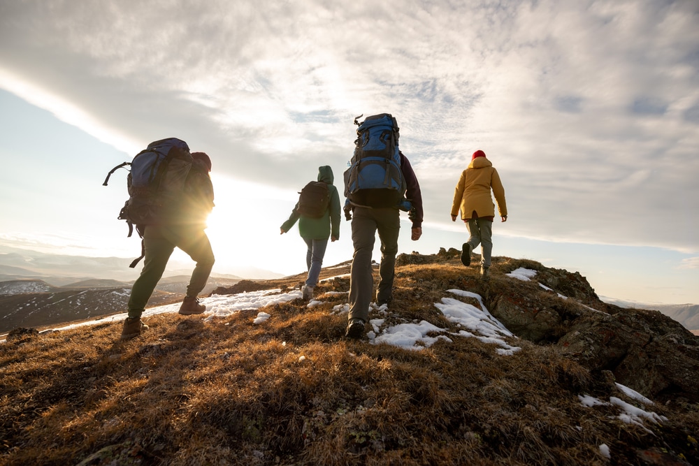 Group Of Four Hikers With Backpacks Walks In Mountains At