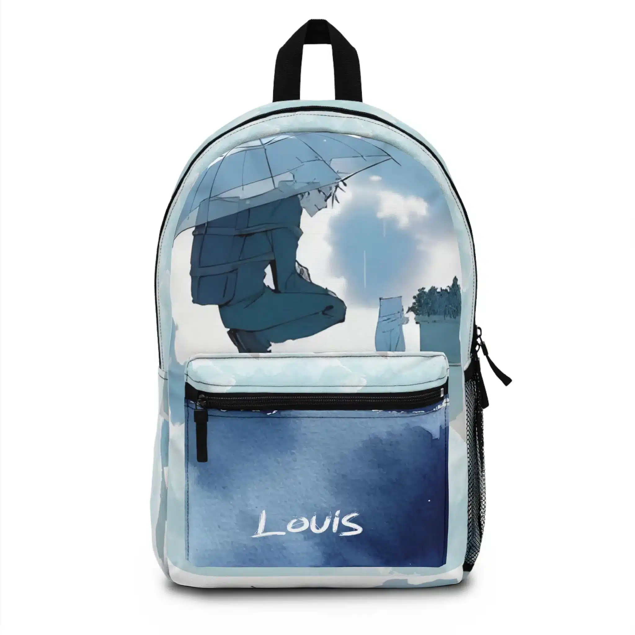 a Custom Anime Rain Scene Backpack on a white background