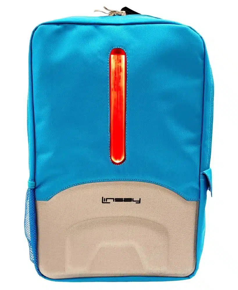 blue linsay backpack with LED light isolated on a white background blue linsay backpack with LED light isolated on a white background